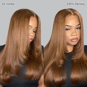 30# Chestnut Brown Color Straight Layered Cut Wigs 8x5 Glueless 180% 250% Human Hair Wigs
