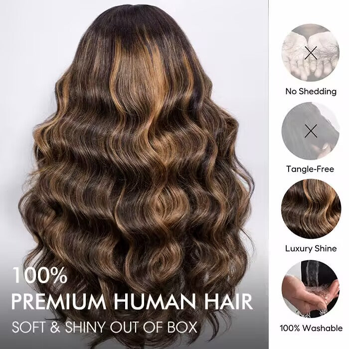 220% Density Blonde Highlight Body Wave 5x5 Pre Cut Lace Wig With Face Framing Bangs