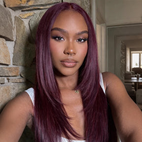 Black Cherry Layered Cut Glueless Wig 13x6 Lace Front Straight Human Hair