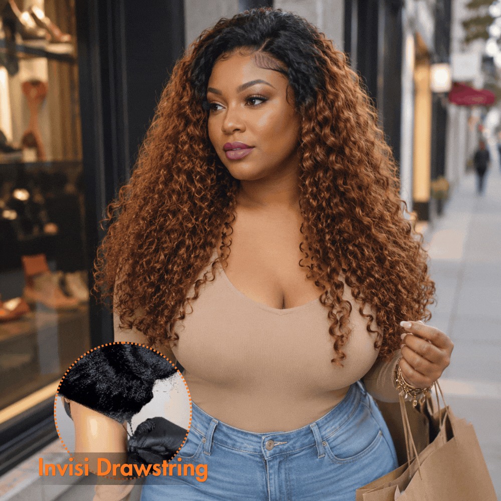 3 In 1 Half Wig | Blonde Burmese Curly with Black Roots No Glue Needed Install Filp Over Half Wig With Adjustable Drawstring