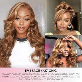 Curtain Bangs Highlight Honey Blonde Ombre 4/27  Body Wave Human Hair Glueless HD Lace Wigs