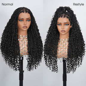 Full Lace Boho Braided Wigs Human Hair Blended Synthetic Braids Flexi-Fit Invisi Drawstring Cap Bohemia Pre Cut Lace Plucked Natural Scalp 26 Inches