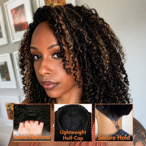 3 In 1 Half Wig | Highlight Brown Jerry Curly No Glue Needed Install Filp Over Half Wig With Adjustable Drawstring