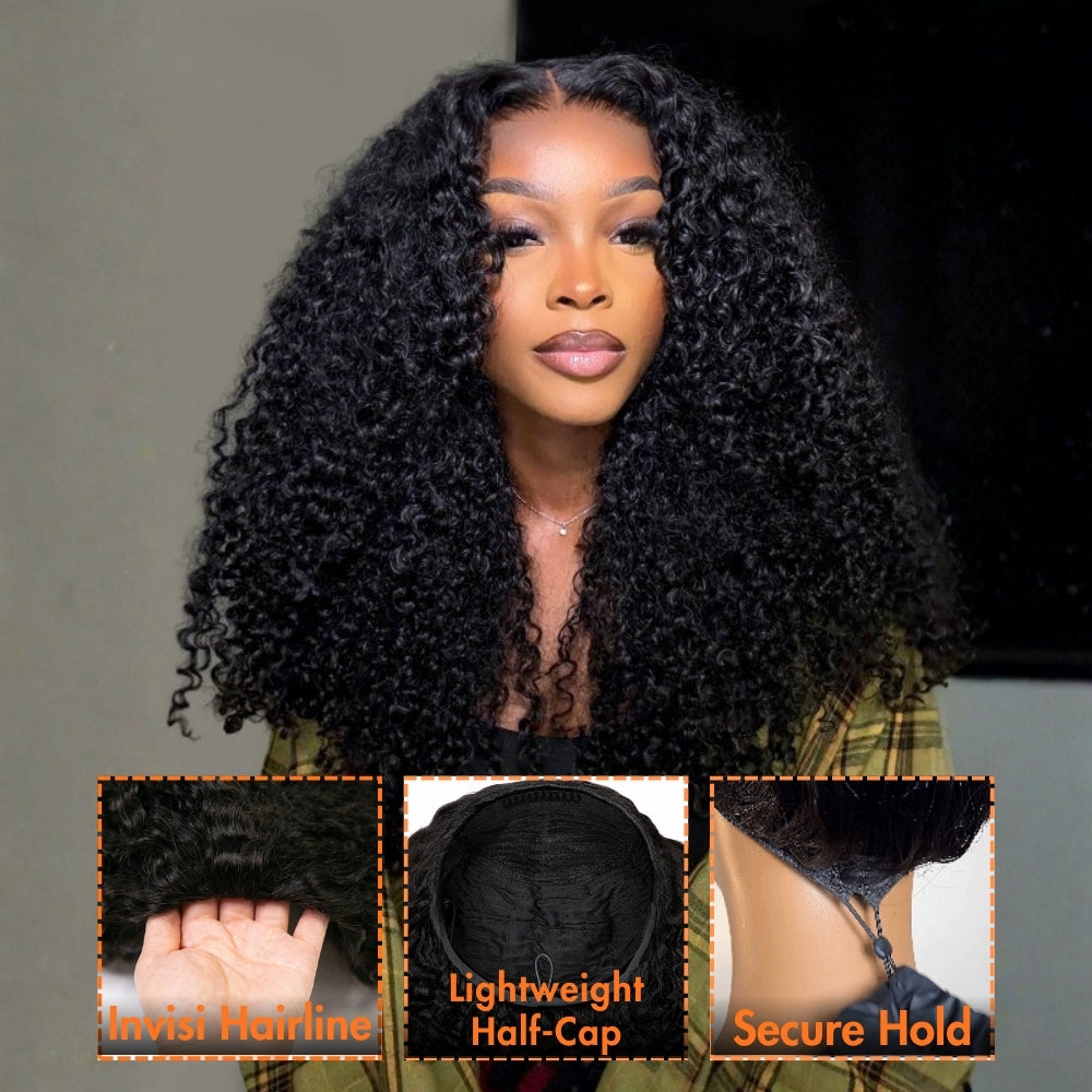 3 In 1 Half Wig | Kinky Curly Comfortable Fit Glueless Install Filp Over Half Wig With Adjustable Drawstring