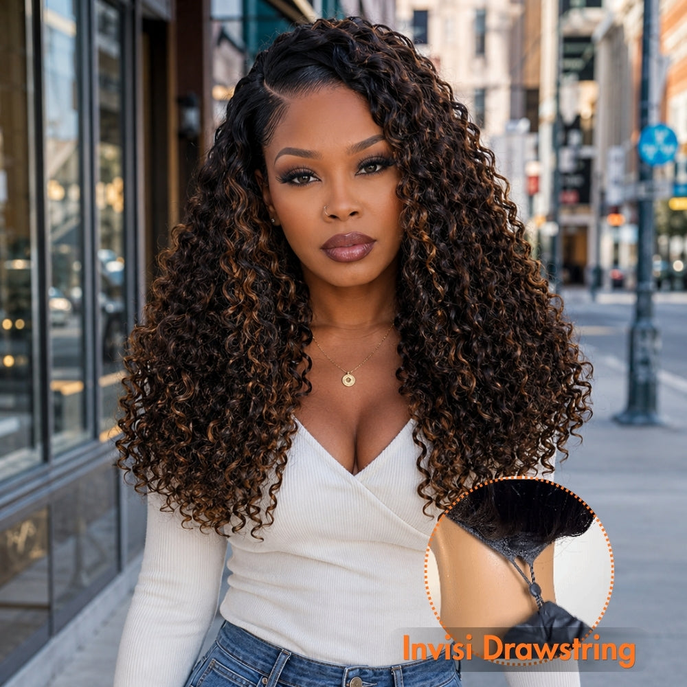 3 In 1 Half Wig | Balayage Highlight Ombre Brown Curly No Glue Needed Install Filp Over Half Wig With Adjustable Drawstring