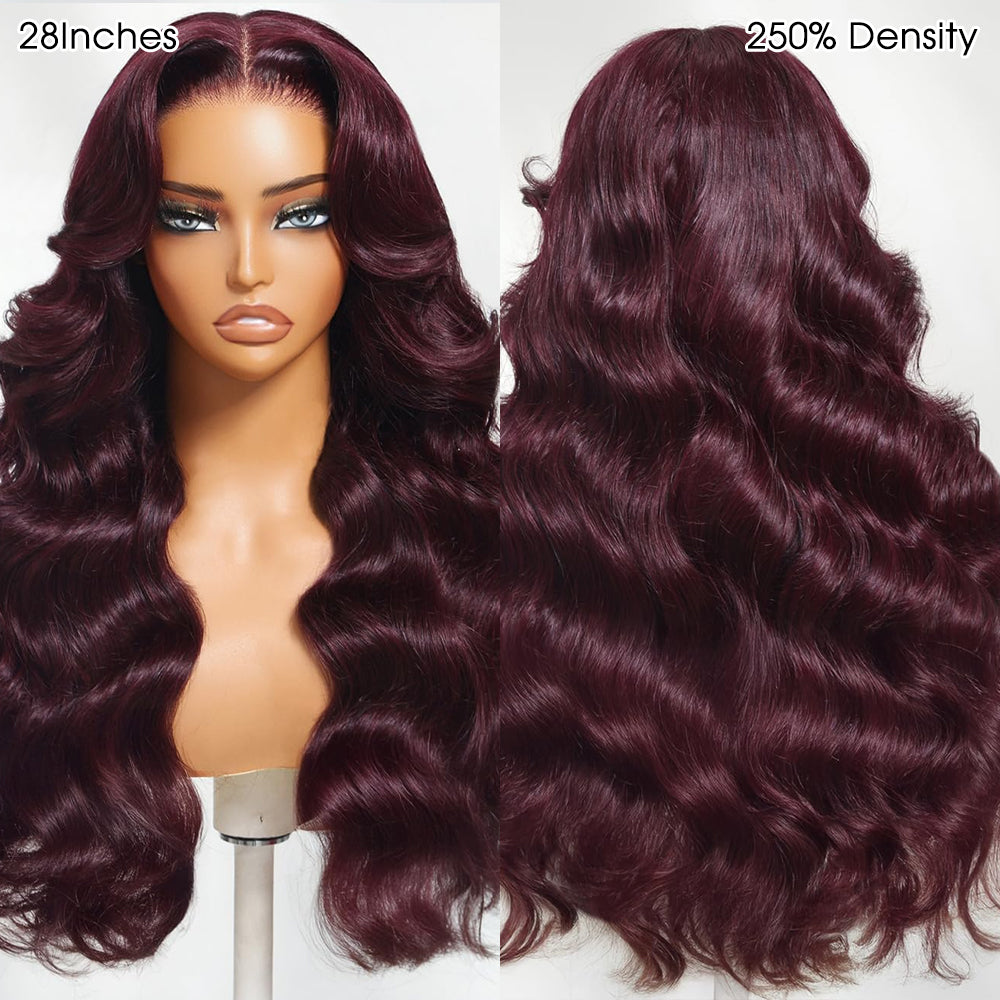 Pizazz Hair Black Cherry Curtain Bangs Body Wave Human Hair 8x5 Pre Cut Lace Glueless HD Lace Wigs  180% Density