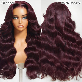 Pizazz Hair Black Cherry Curtain Bangs Body Wave Human Hair 8x5 Pre Cut Lace Glueless HD Lace Wigs  180% Density