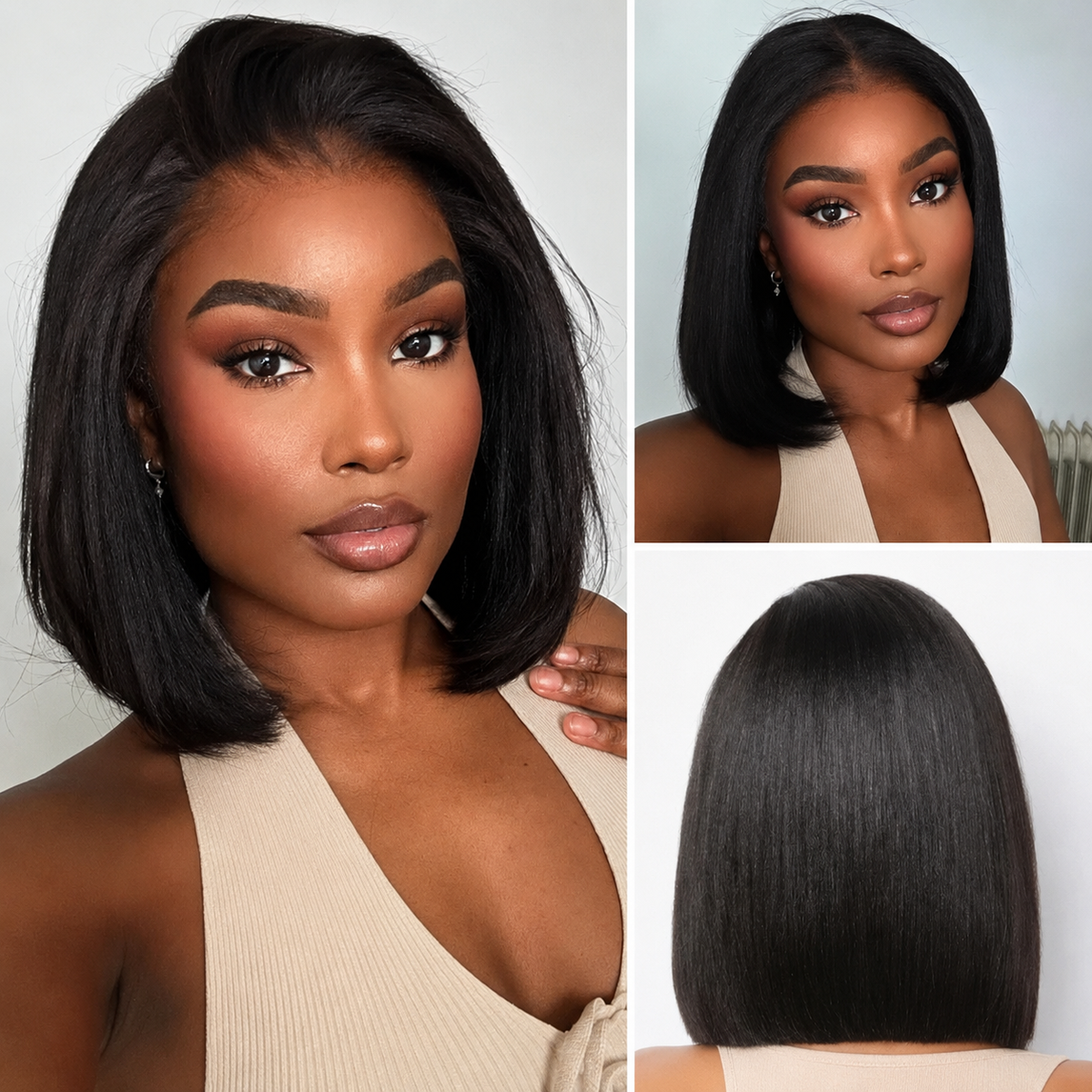 3 In 1 Half Wig | Yaki Straight Bob 220% Density Comfortable Fit Glueless Install Flip Over Half Wig With Adjustable Drawstring