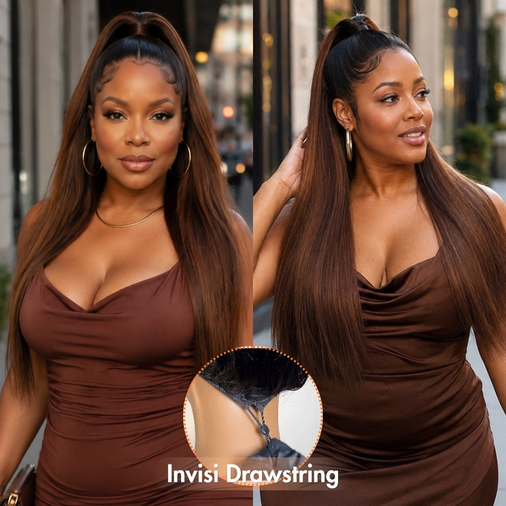 3 In 1 Half Wig | Black To Brown Ombre Straight No Glue Needed Install Filp Over Half Wig With Adjustable Drawstring