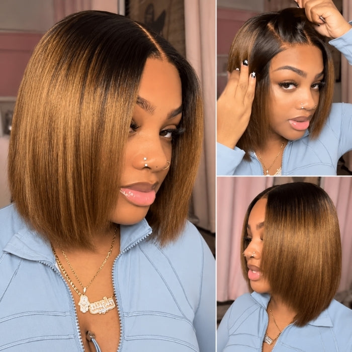 2 Wigs Set | 220% Density 5x5 Water Wave Lace Wig and Chestnut Brown Ombre Straight Bob Lace Wig