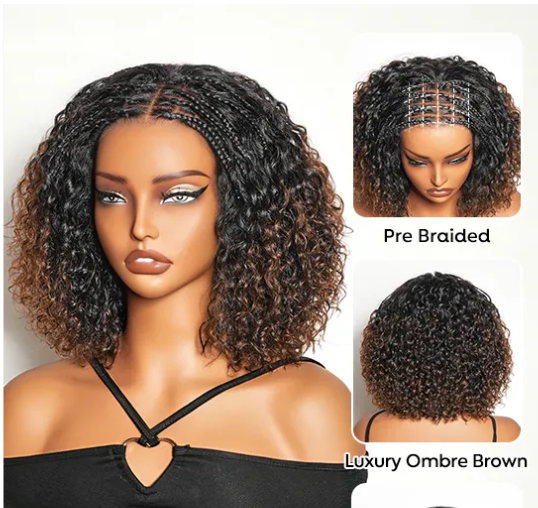 Short Boho Braids Bob Wig Water Wave Pre Cut 8x5 HD Full Lace Drawstring Human Hair