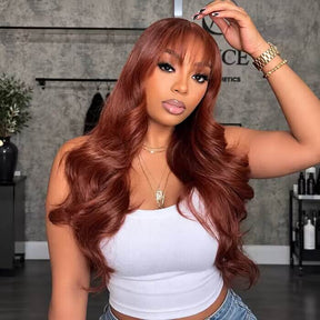 Reddish Brown Body Wave Wig With Bangs Pre Cut 5x5 HD Lace Closure Wig Glueless Human Hair Wig Easy to Wear