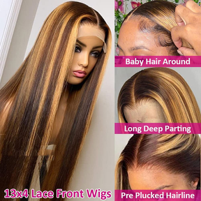 Pizazz Hair Honey Blonde Highlight Silky Straight Glueless 13x6 Full Lace Wig 180% Density