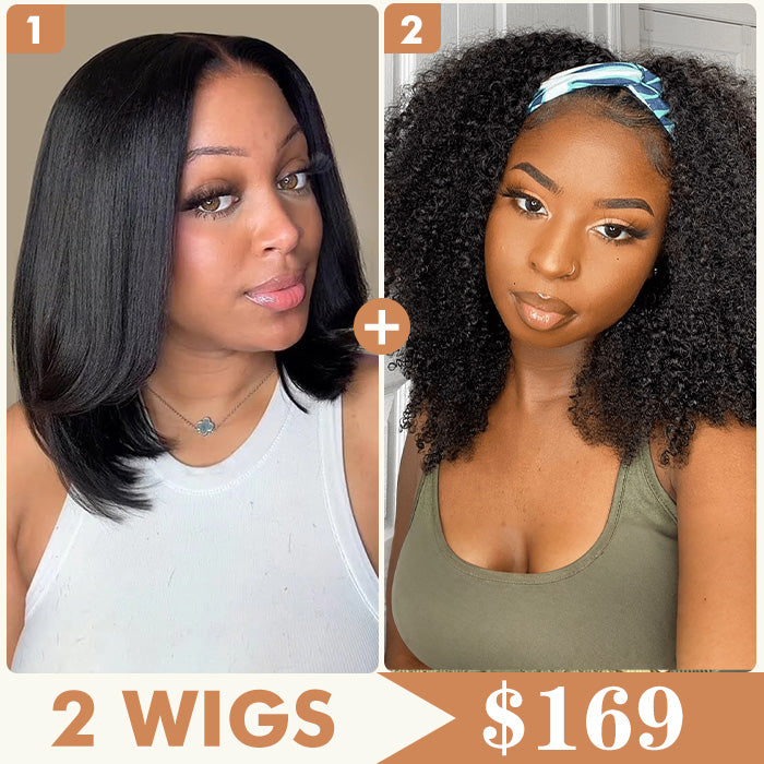 2 Wigs Set |  5x5 HD Lace Yaki Straight Bob Wig & Headband Wig Afro Kinky Curly Flash Sale