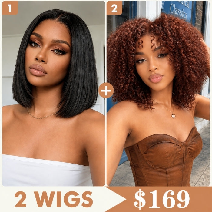 2 Wigs Set |  220% Density 5x5 HD Lace Yaki Straight Bob Wig & #33B Curly Wig Flash Sale