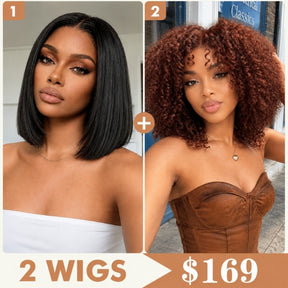 2 Wigs Set |  220% Density 5x5 HD Lace Yaki Straight Bob Wig & #33B Curly Wig Flash Sale