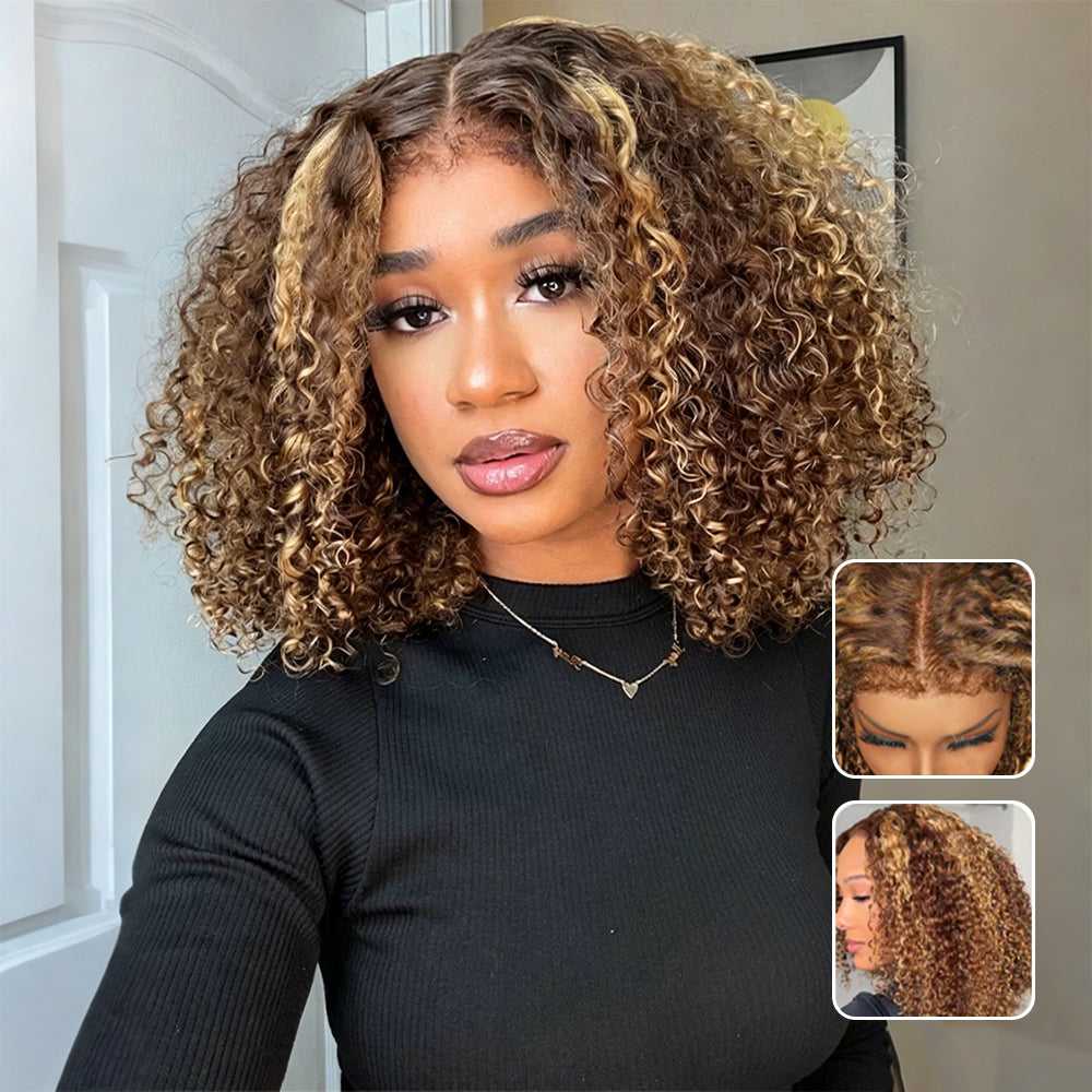 Glueless 4c Edge 4/27 Blonde Highlight Curly 13X4 Lace Wig