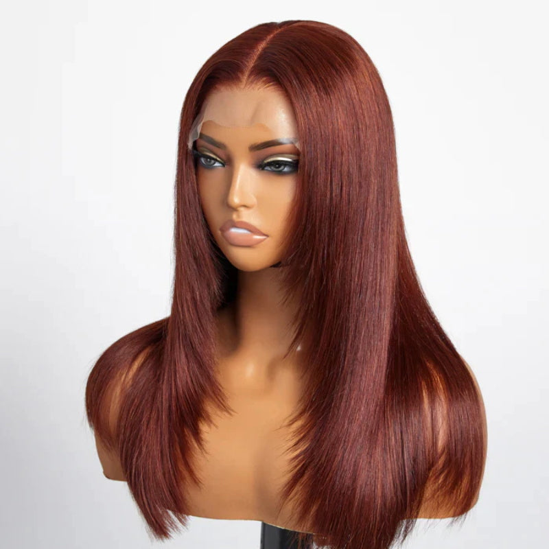 Reddish Brown Color #33 Feathered Layered Cut Straight Wigs HD Lace Human Hair Wig