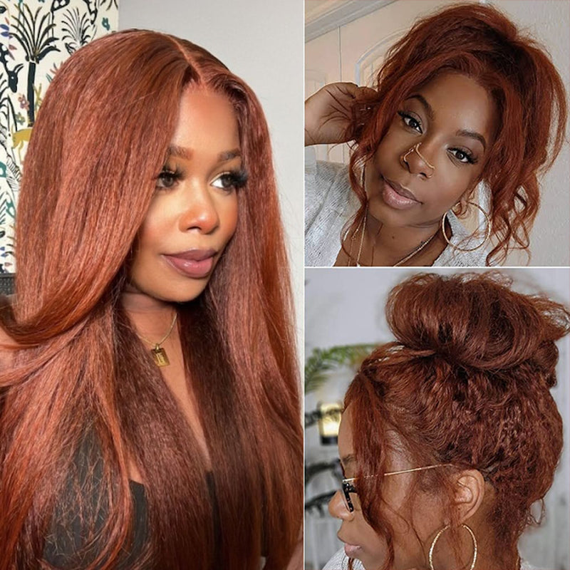 Pizazz Hair Kinky Straight  #33 Reddish Brown Color Invisible-Pull String 360 Lace Frontal Wigs Glueless HD Lace Human Hair Wigs