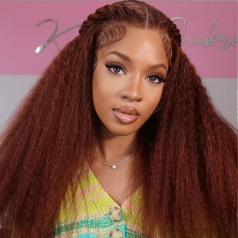 Pizazz Hair Kinky Straight  #33 Reddish Brown Color Invisible-Pull String 360 Lace Frontal Wigs Glueless HD Lace Human Hair Wigs