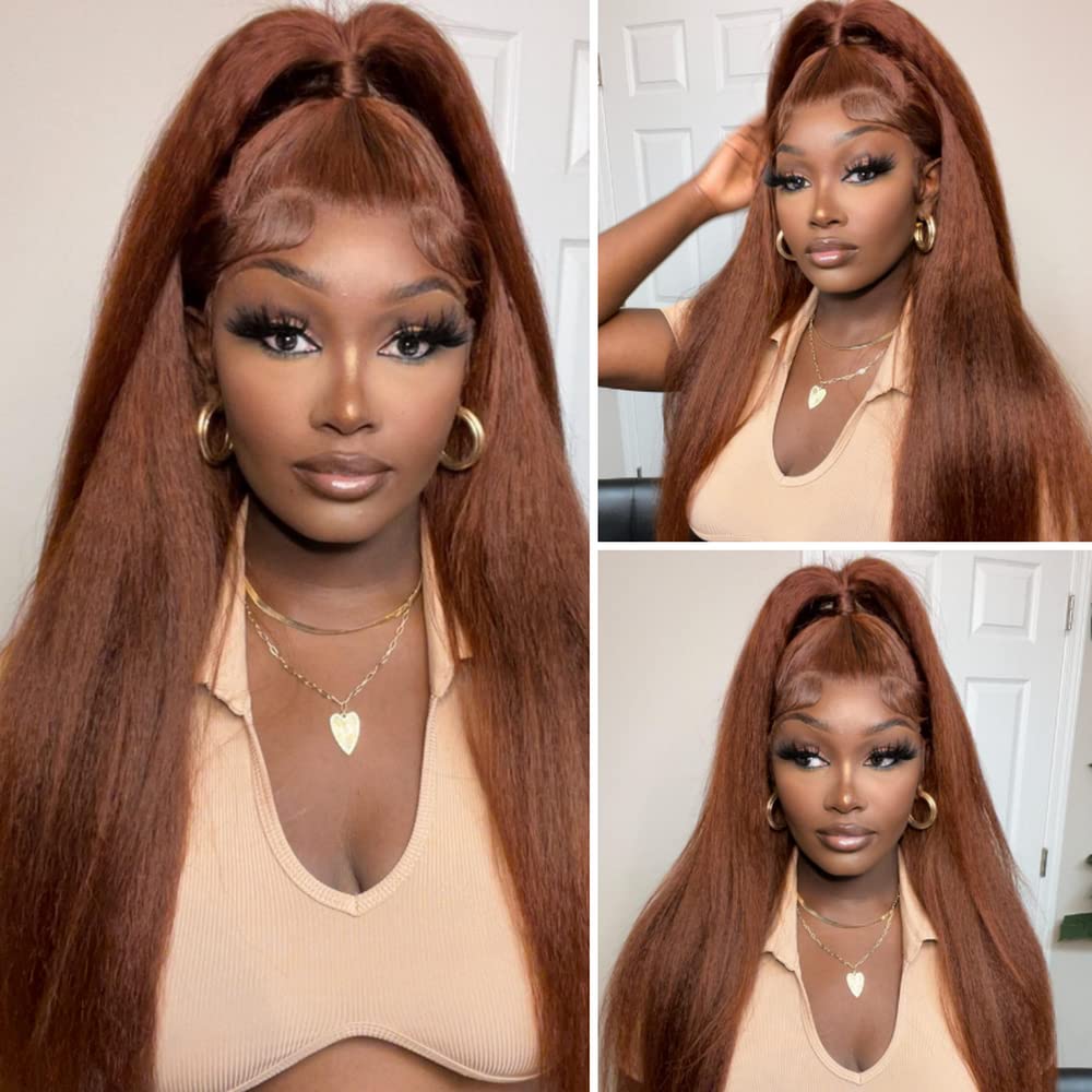 Pizazz Hair Kinky Straight  #33 Reddish Brown Color Invisible-Pull String 360 Lace Frontal Wigs Glueless HD Lace Human Hair Wigs