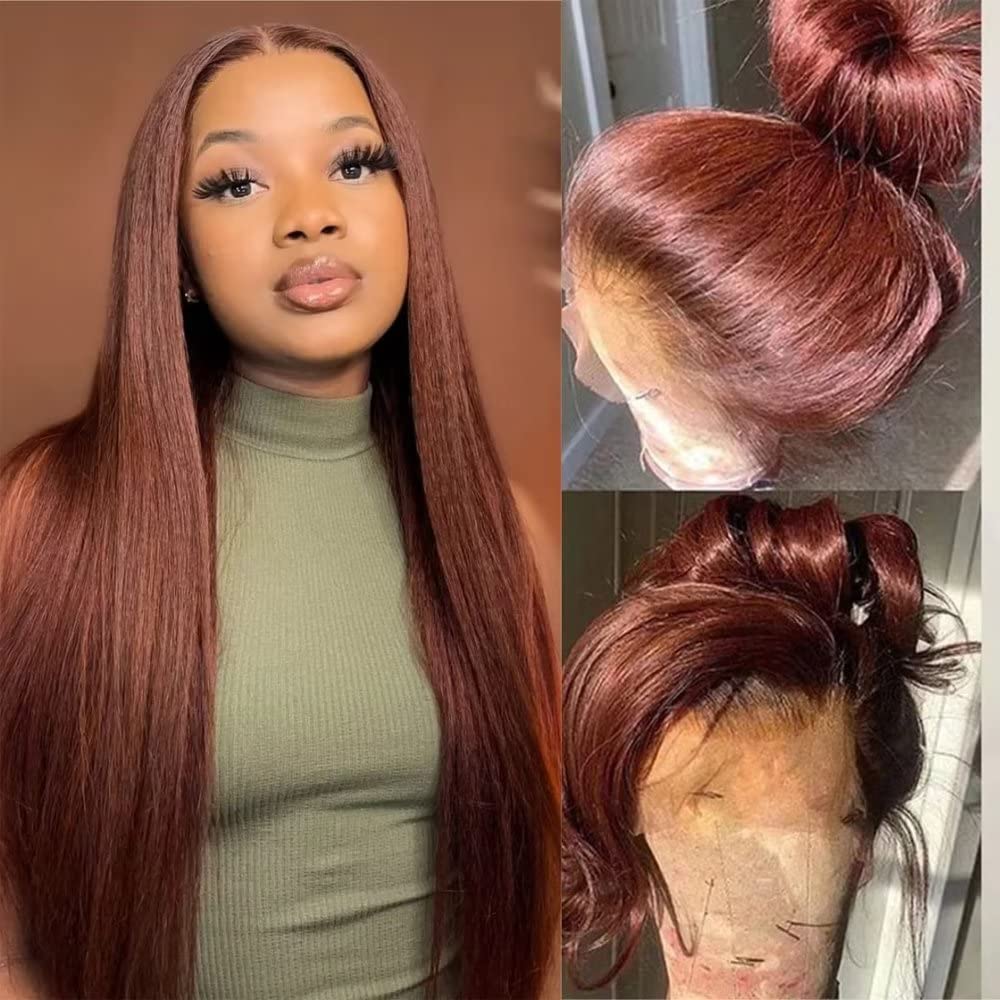 Pizazz Hair Kinky Straight  #33 Reddish Brown Color Invisible-Pull String 360 Lace Frontal Wigs Glueless HD Lace Human Hair Wigs
