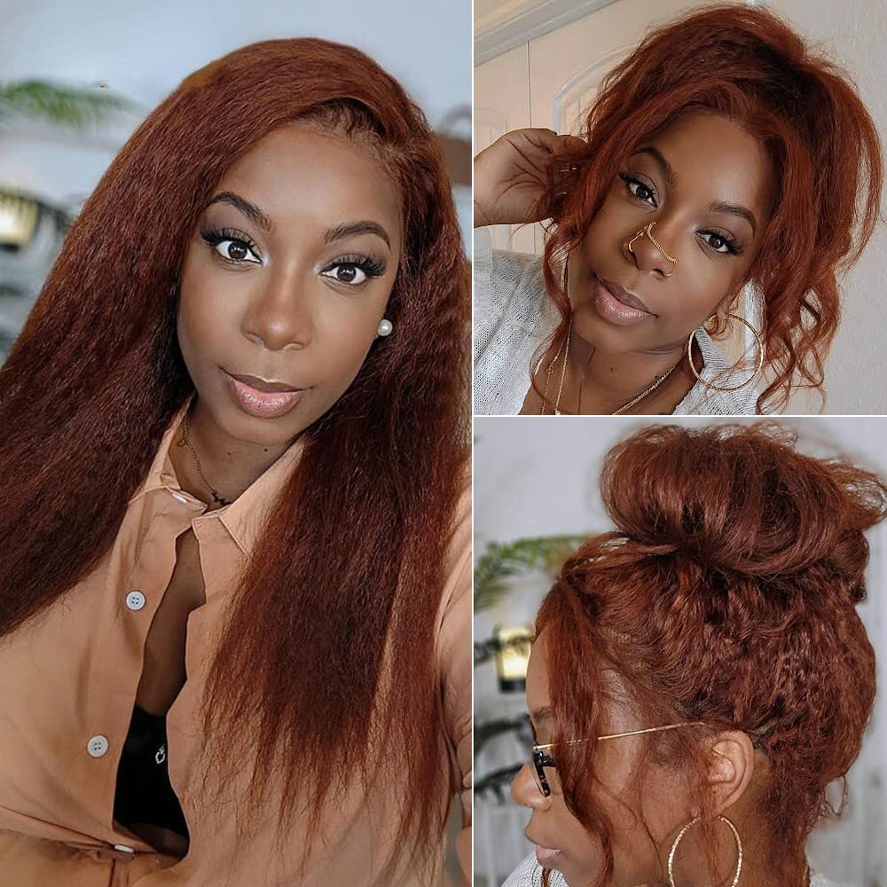 Pizazz Hair Kinky Straight  #33 Reddish Brown Color Invisible-Pull String 360 Lace Frontal Wigs Glueless HD Lace Human Hair Wigs