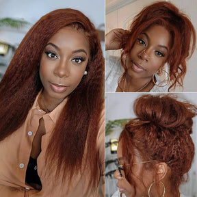Pizazz Hair Kinky Straight  #33 Reddish Brown Color Invisible-Pull String 360 Lace Frontal Wigs Glueless HD Lace Human Hair Wigs