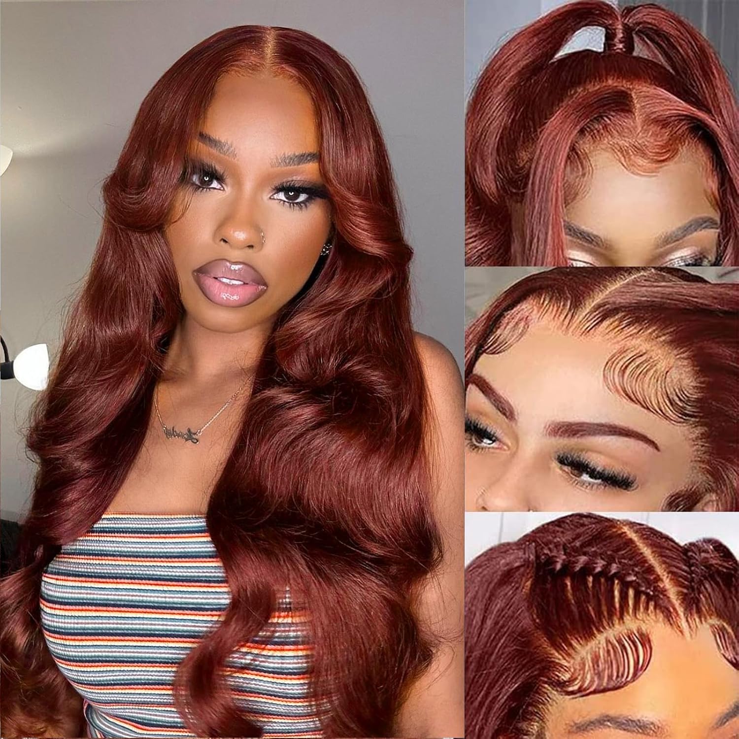 Pizazz 13x6 Full Lace Reddish Brown Human Hair Wigs Body Wave Dark Red Brown Parting Max Wigs Pre Plucked Natural Hairline