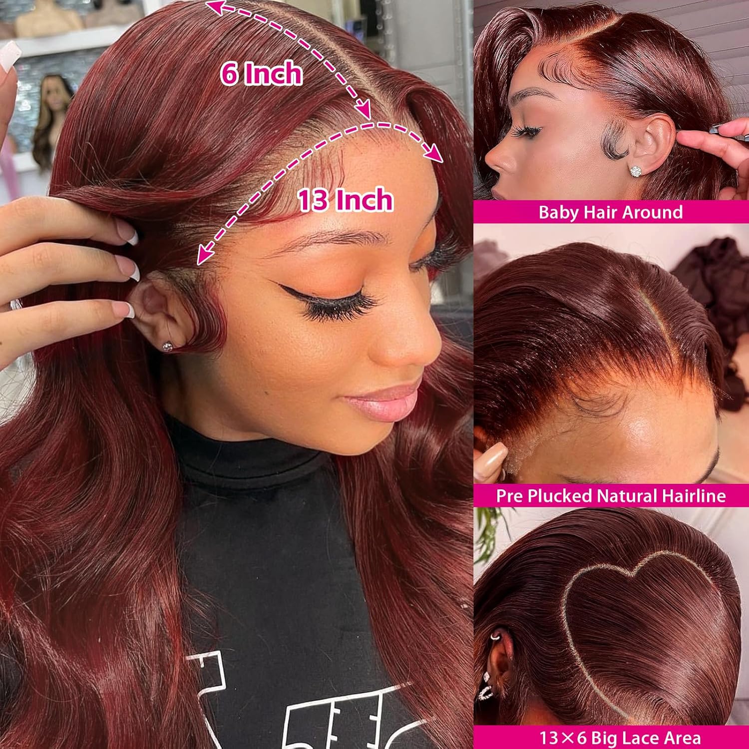 Pizazz 13x6 Full Lace Reddish Brown Human Hair Wigs Body Wave Dark Red Brown Parting Max Wigs Pre Plucked Natural Hairline