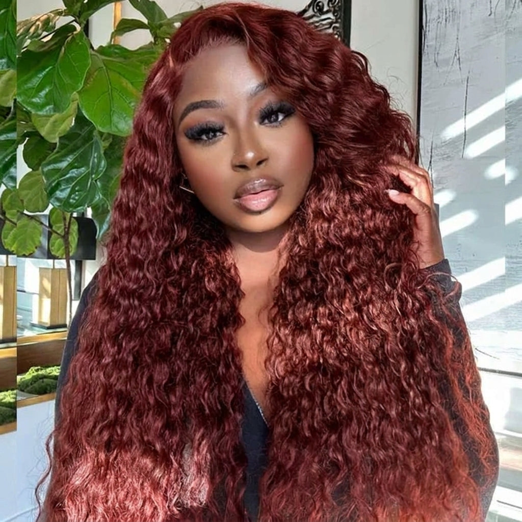 Reddish Brown Water Wave Pre Cut Lace Glueless Wigs 13x4 HD Lace Front Human Hair Wigs