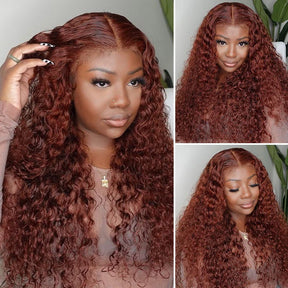 Reddish Brown Water Wave Pre Cut Lace Glueless Wigs 13x4 HD Lace Front Human Hair Wigs