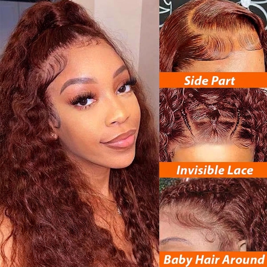 Reddish Brown Water Wave Pre Cut Lace Glueless Wigs 13x4 HD Lace Front Human Hair Wigs