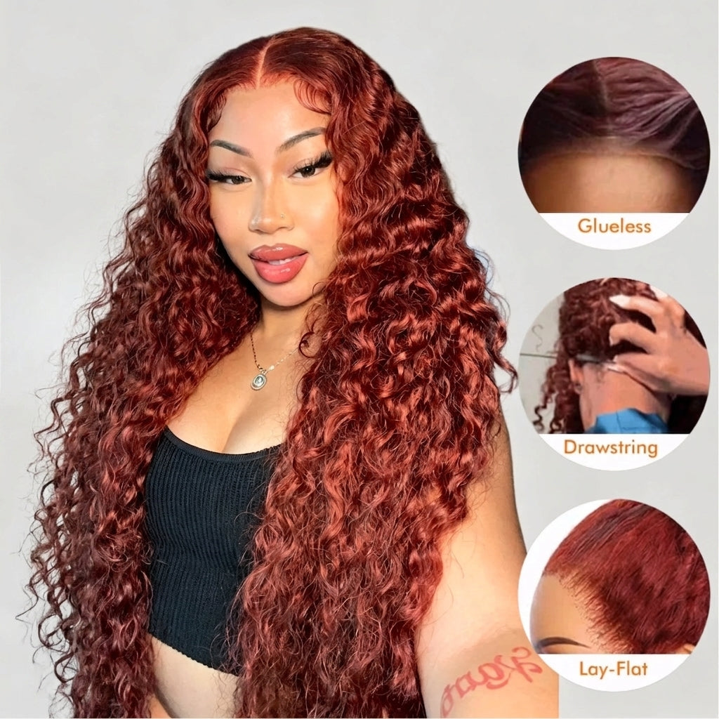 Reddish Brown Water Wave Pre Cut Lace Glueless Wigs 13x4 HD Lace Front Human Hair Wigs