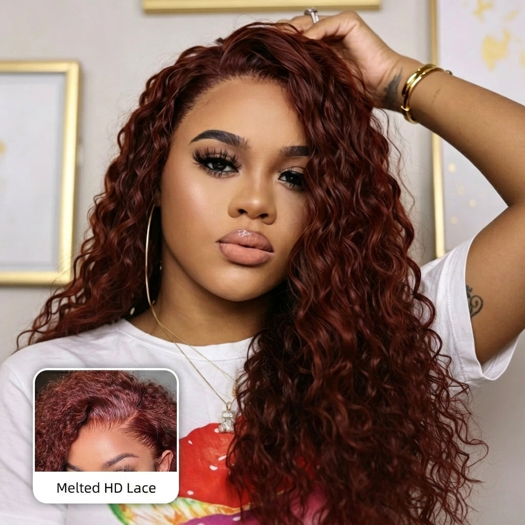 Reddish Brown Water Wave Pre Cut Lace Glueless Wigs 13x4 HD Lace Front Human Hair Wigs