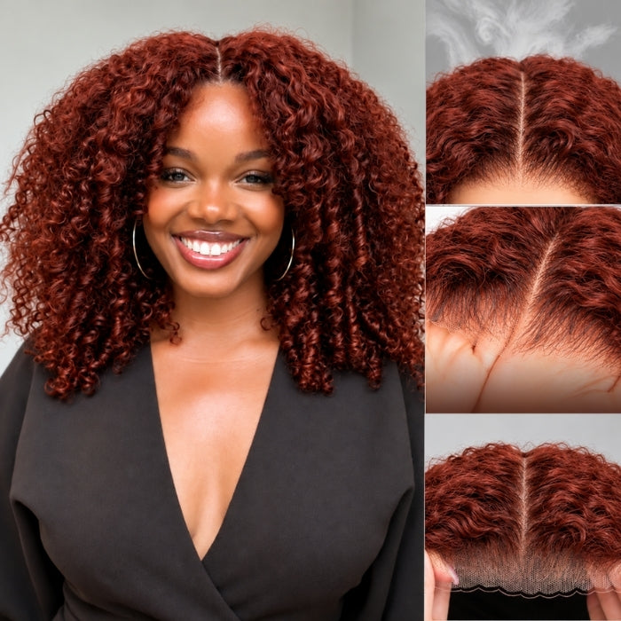 Layered Cut Curly Wig Auburn Brown Color Pre Cut 5x5 HD Lace Glueless Human Hair Wigs For Beginner