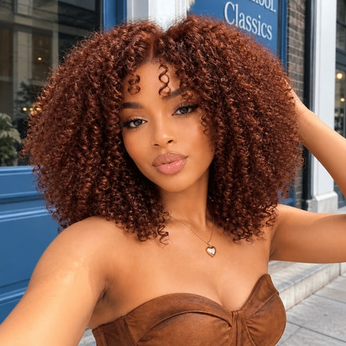 Layered Cut Auburn Color Curly Wig Pre Cut 5x5 HD Lace Glueless Human Hair Wigs For Beginner