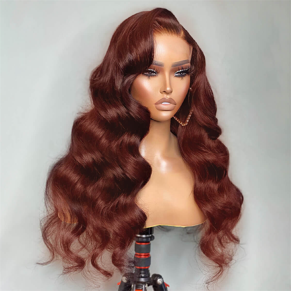 Pizazz 13x6 Full Lace Reddish Brown Human Hair Wigs Body Wave Dark Red Brown Parting Max Wigs Pre Plucked Natural Hairline