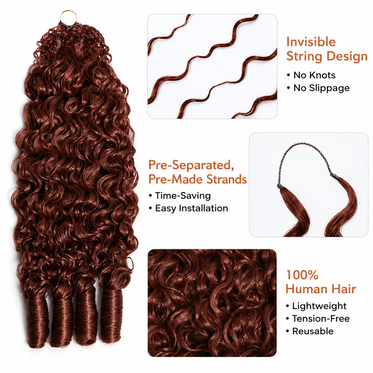 Reddish Brown Raw Burmese Curly Crochet Human Hair Pre Separated Miracle Knot Feather Braiding Hair For Boho Knotless Braids