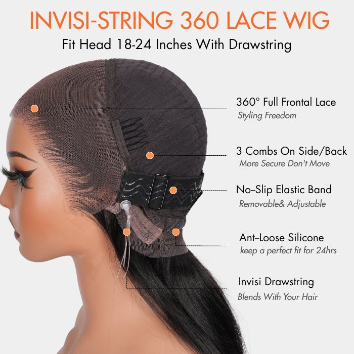 360 HD Lace Frontal Silky Straight 220% Density Human Hair Wig with Bleached Knots & Invisi Strap Snug Fit