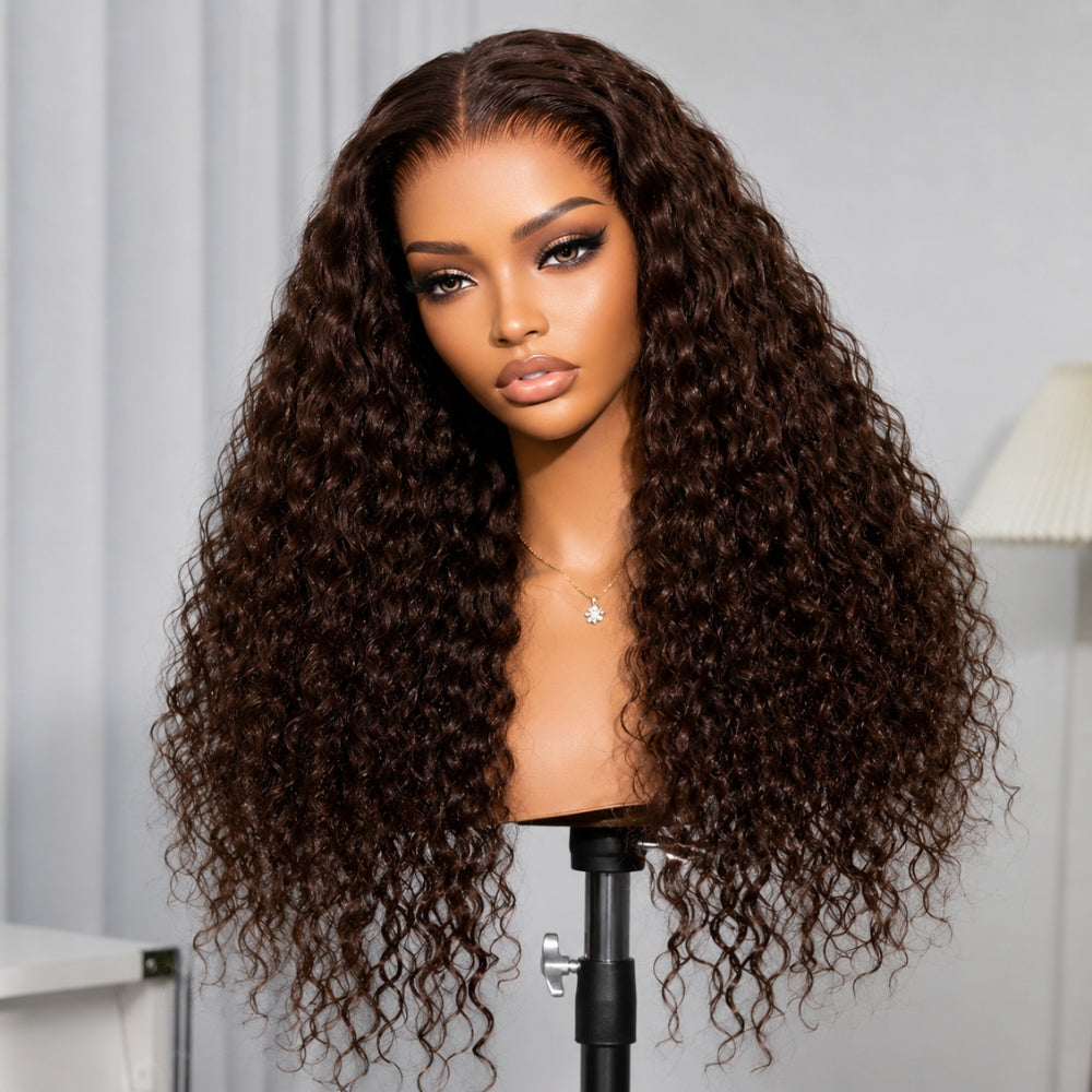 Water Wave 180% Density Chocolate Brown 360 Lace Frontal Wigs Pre-Bleached Knots Human Hair Wig With Invisi-String