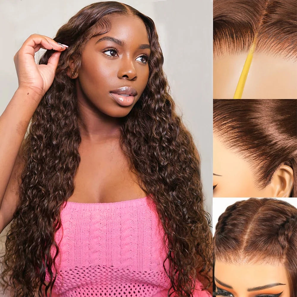Water Wave 180% Density Chocolate Brown 360 Lace Frontal Wigs Pre-Bleached Knots Human Hair Wig With Invisi-String