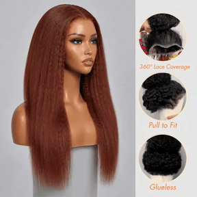 #33 Reddish Brown 360 Lace 180% Density Kinky Straight Wig Autumn Color Glueless HD Lace Front Human Hair Wigs
