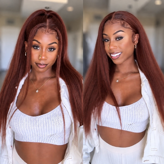 #33 Reddish Brown 360 Lace 180% Density Kinky Straight Wig Autumn Color Glueless HD Lace Front Human Hair Wigs