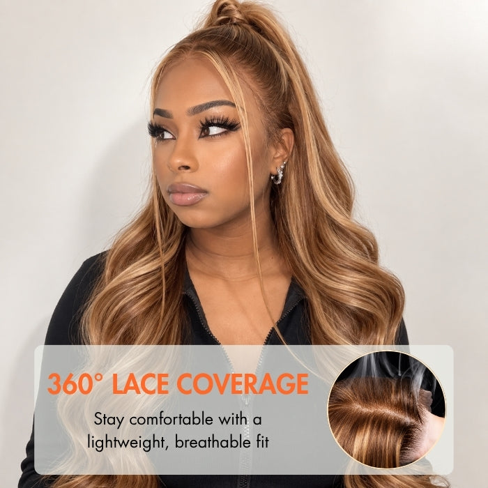 360 Lace Frontal Wig Body Wave 4/27 Hony Blonde Highlight Virgin Human Hair Wigs HD Pre-plucked Breathable Lace Wig
