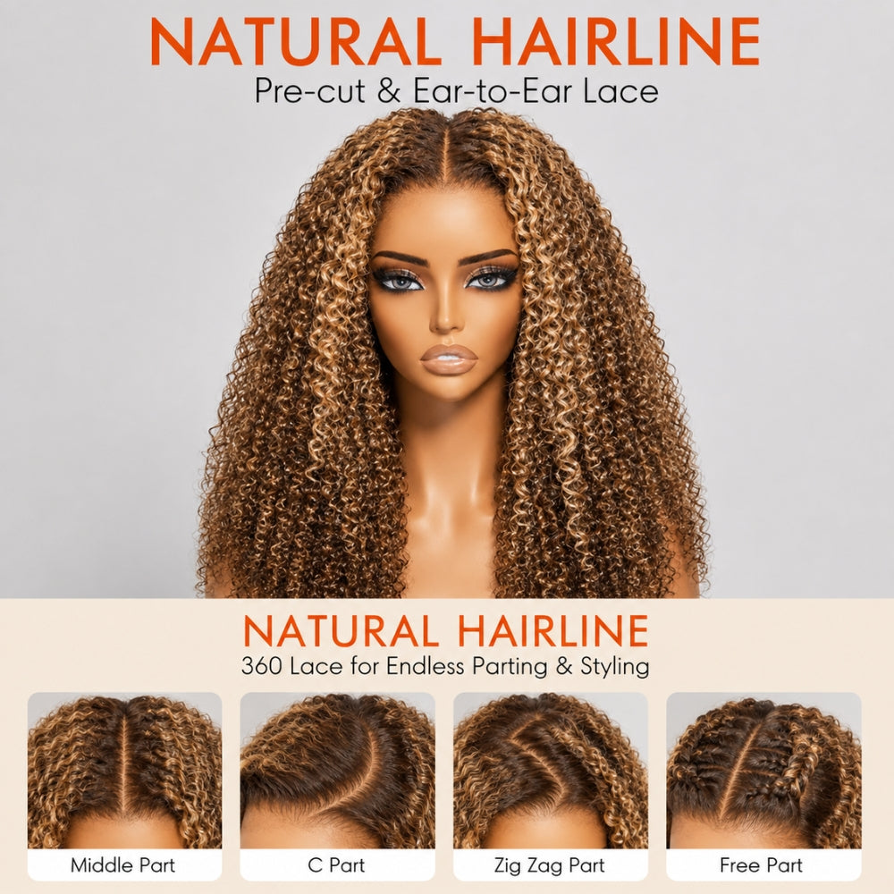 4/27 Honey Blonde Highlight 180%/220% Density 360 Lace Kinky Curly Wig Human Hair Baby Hair