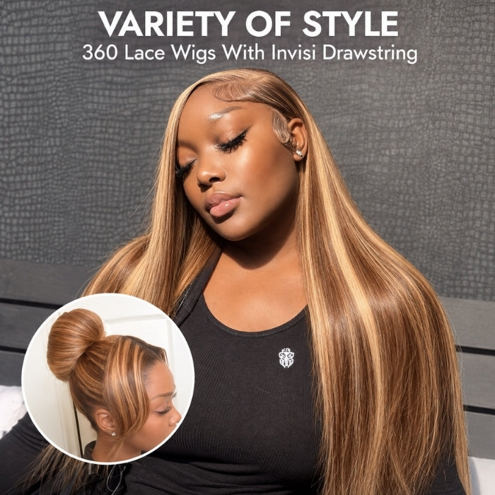 360 Lace Silky Straight 4/27 Highlight Brown Color Virgin Human Hair Wigs HD Pre-plucked Breathable Lace Wig
