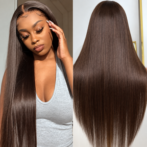 [US 24H Ship] 13x6 HD Lace Frontal Wigs Chocolate Brown Color Straight Wig With Drawstring 100% Human Hair Wig
