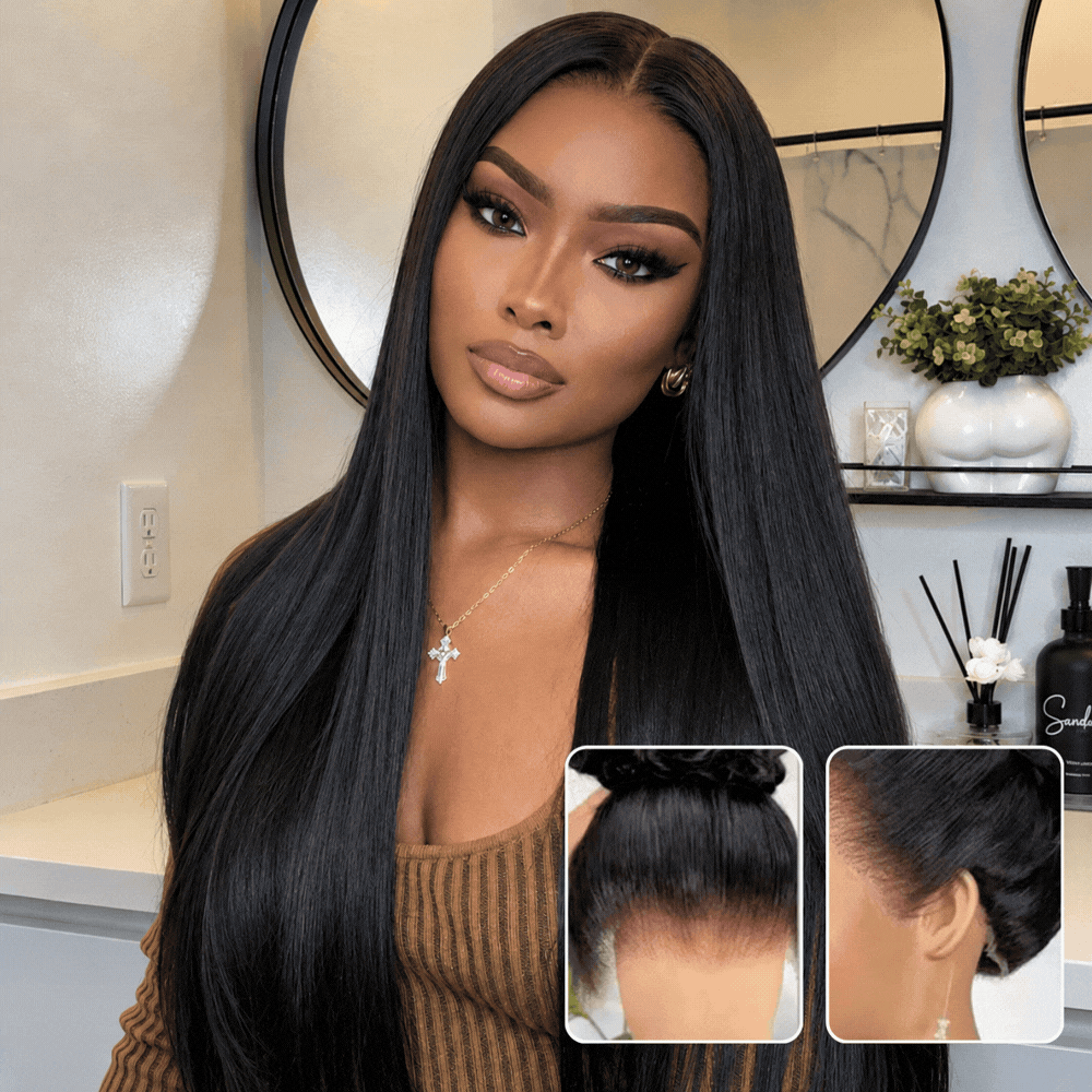 Yaki Straight 220% Density Pull Go 360 Drawstring Lace Frontal Wigs Pre Plucked Hairline Human Hair Wigs