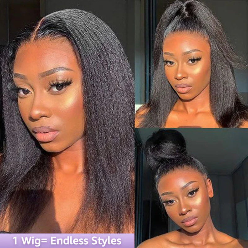 4C Edge Yaki Straight / Kinky Straight  360 HD Invisible Lace Frontal  Human Hair Wig With Super Natural Hairline